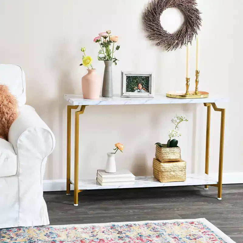 Console de canapé Crown avec étagère de rangement Marbre blanc et métal doré