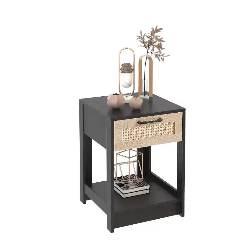 Natural Rattan Nightstand, Bed Side Table with Drawer, Wooden End Table, Rattan Chest of Drawer with Retro Handle for Living Room, Bedroom