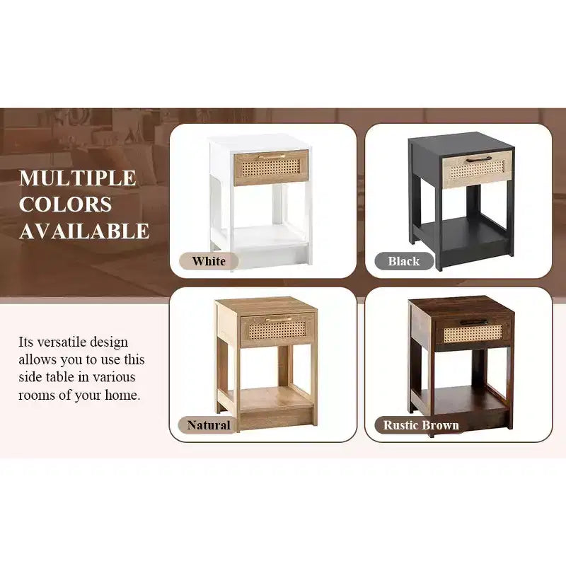 Table de chevet en rotin naturel, Table de chevet avec tiroir, Table d'appoint en bois, Commode en rotin avec poignée rétro pour salon, chambre à coucher
