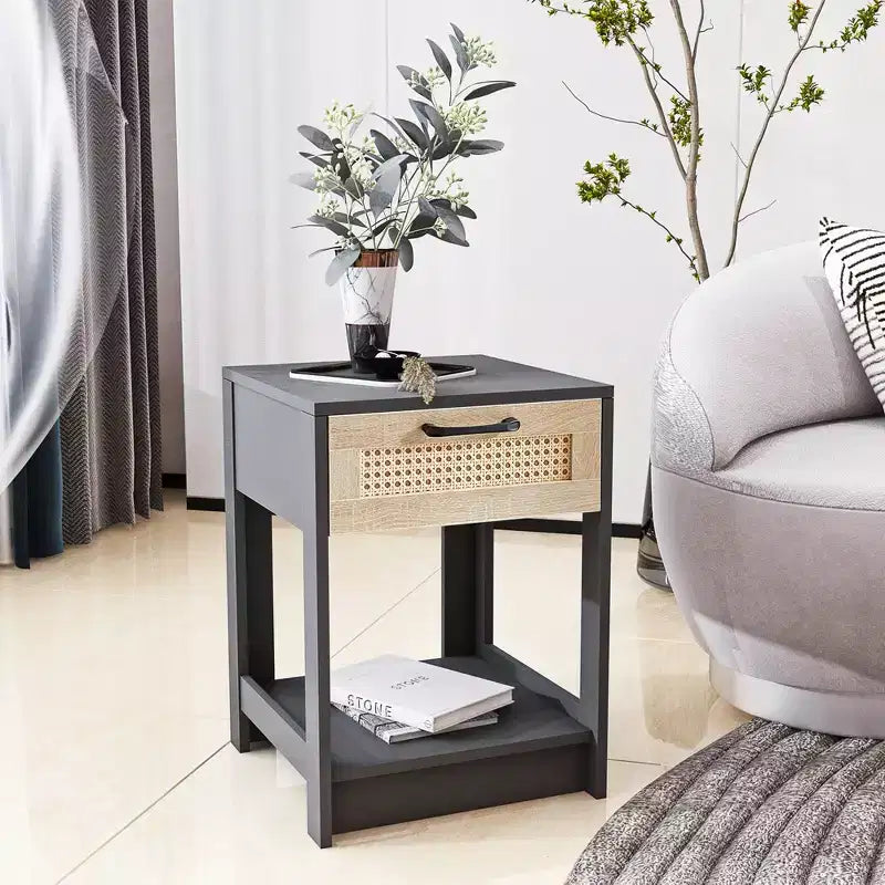 Table de chevet en rotin naturel, Table de chevet avec tiroir, Table d'appoint en bois, Commode en rotin avec poignée rétro pour salon, chambre à coucher