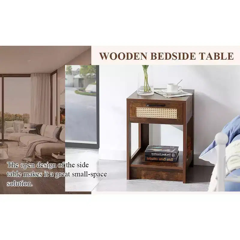 Table de chevet en rotin naturel, Table de chevet avec tiroir, Table d'appoint en bois, Commode en rotin avec poignée rétro pour salon, chambre à coucher