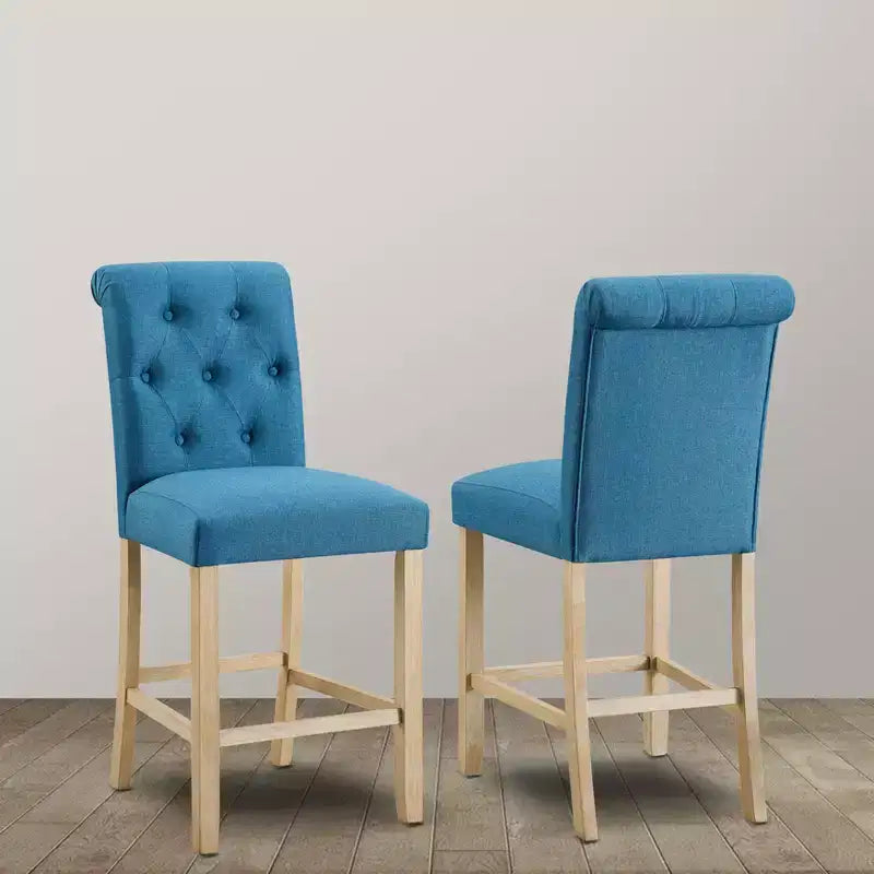Roundhill Furniture Siena Counter Height Button Tufted Back Solid Wood Stools, Blue, Set of 2