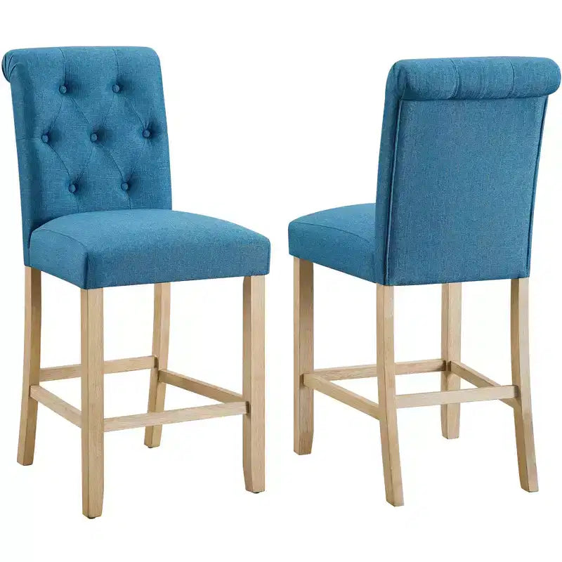 Tabourets en bois massif à dossier touffeté de hauteur comptoir, bleus, lot de 2