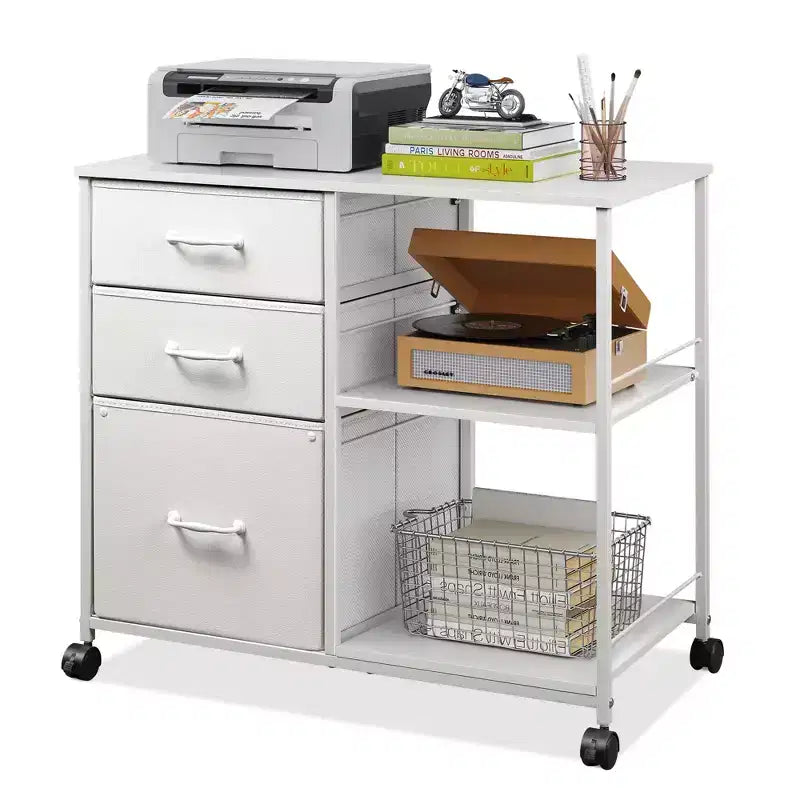 Meuble Classeur Mobile à 3 Tiroirs, Support d'Imprimante Roulant avec Étagère de Rangement Ouverte pour Bureau à Domicile