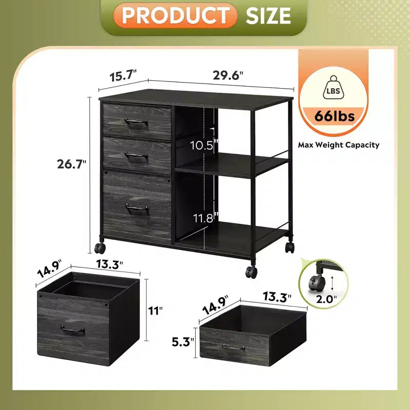 Meuble Classeur Mobile à 3 Tiroirs, Support d'Imprimante Roulant avec Étagère de Rangement Ouverte pour Bureau à Domicile