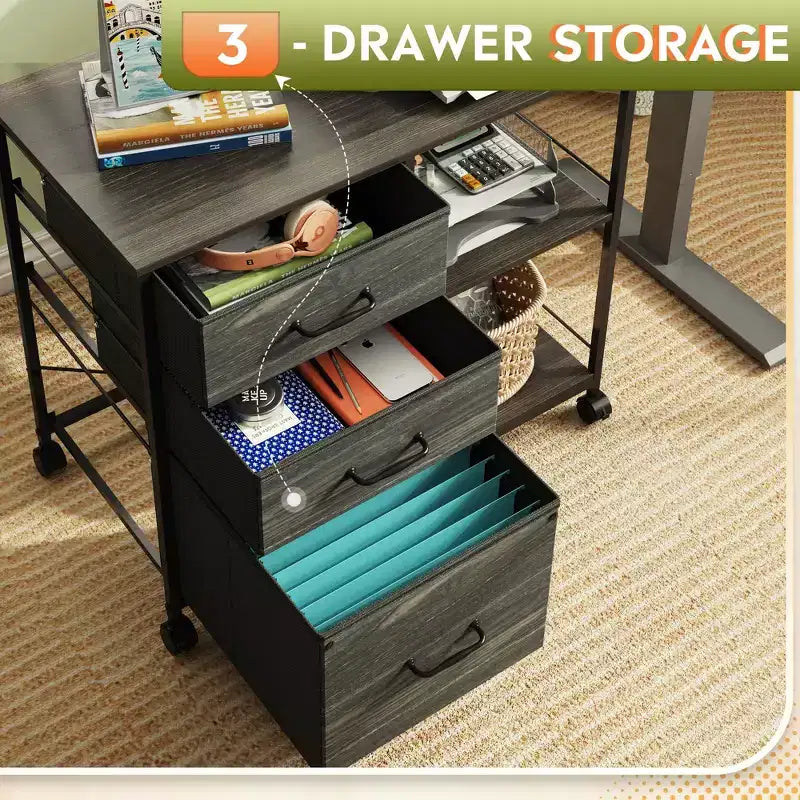 Meuble Classeur Mobile à 3 Tiroirs, Support d'Imprimante Roulant avec Étagère de Rangement Ouverte pour Bureau à Domicile
