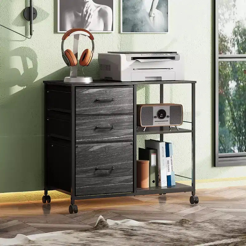 Meuble Classeur Mobile à 3 Tiroirs, Support d'Imprimante Roulant avec Étagère de Rangement Ouverte pour Bureau à Domicile