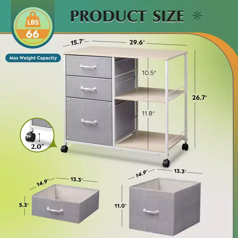 Meuble Classeur Mobile à 3 Tiroirs, Support d'Imprimante Roulant avec Étagère de Rangement Ouverte pour Bureau à Domicile