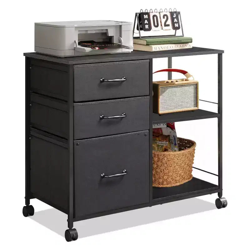 Meuble Classeur Mobile à 3 Tiroirs, Support d'Imprimante Roulant avec Étagère de Rangement Ouverte pour Bureau à Domicile
