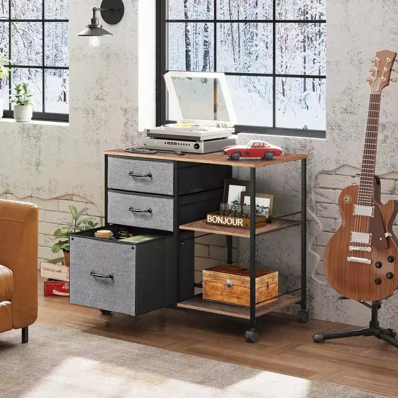 Meuble Classeur Mobile à 3 Tiroirs, Support d'Imprimante Roulant avec Étagère de Rangement Ouverte pour Bureau à Domicile