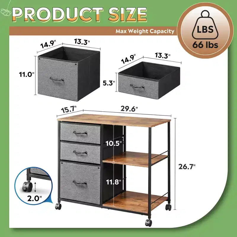 Meuble Classeur Mobile à 3 Tiroirs, Support d'Imprimante Roulant avec Étagère de Rangement Ouverte pour Bureau à Domicile