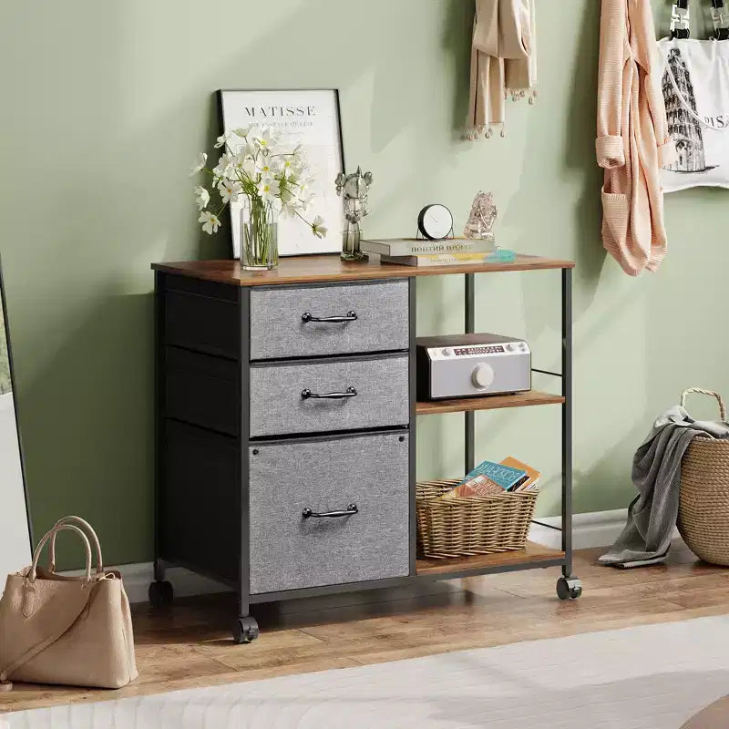 Meuble Classeur Mobile à 3 Tiroirs, Support d'Imprimante Roulant avec Étagère de Rangement Ouverte pour Bureau à Domicile