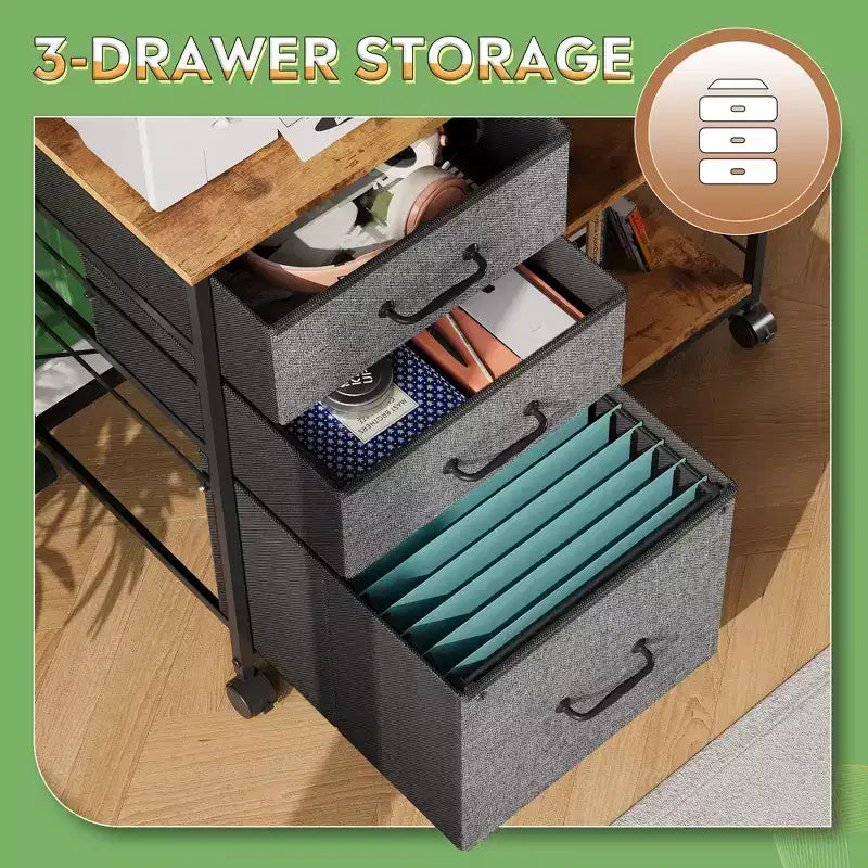 Meuble Classeur Mobile à 3 Tiroirs, Support d'Imprimante Roulant avec Étagère de Rangement Ouverte pour Bureau à Domicile