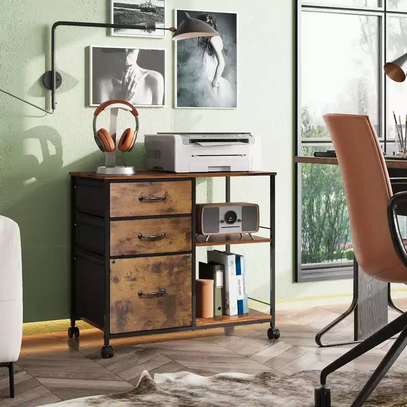 Meuble Classeur Mobile à 3 Tiroirs, Support d'Imprimante Roulant avec Étagère de Rangement Ouverte pour Bureau à Domicile