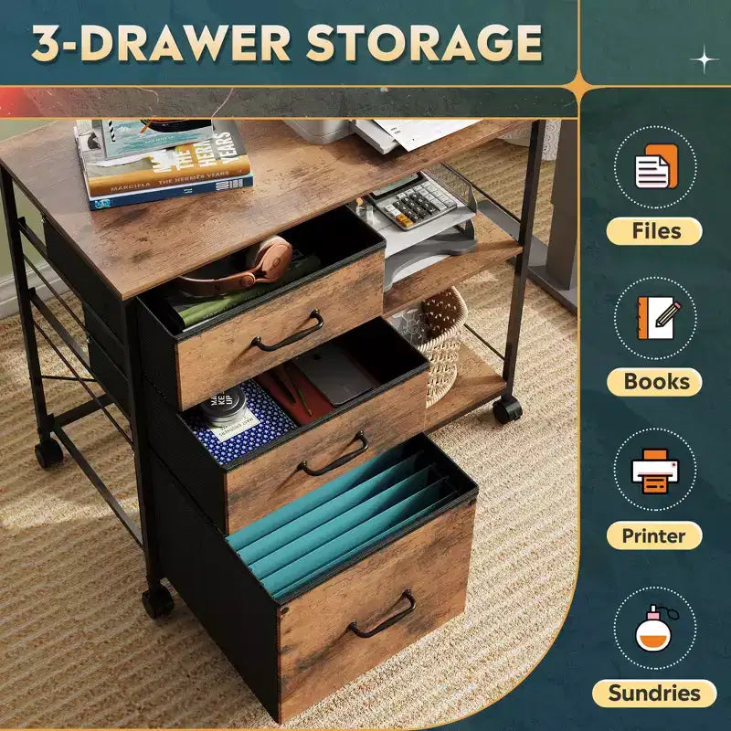 Meuble Classeur Mobile à 3 Tiroirs, Support d'Imprimante Roulant avec Étagère de Rangement Ouverte pour Bureau à Domicile