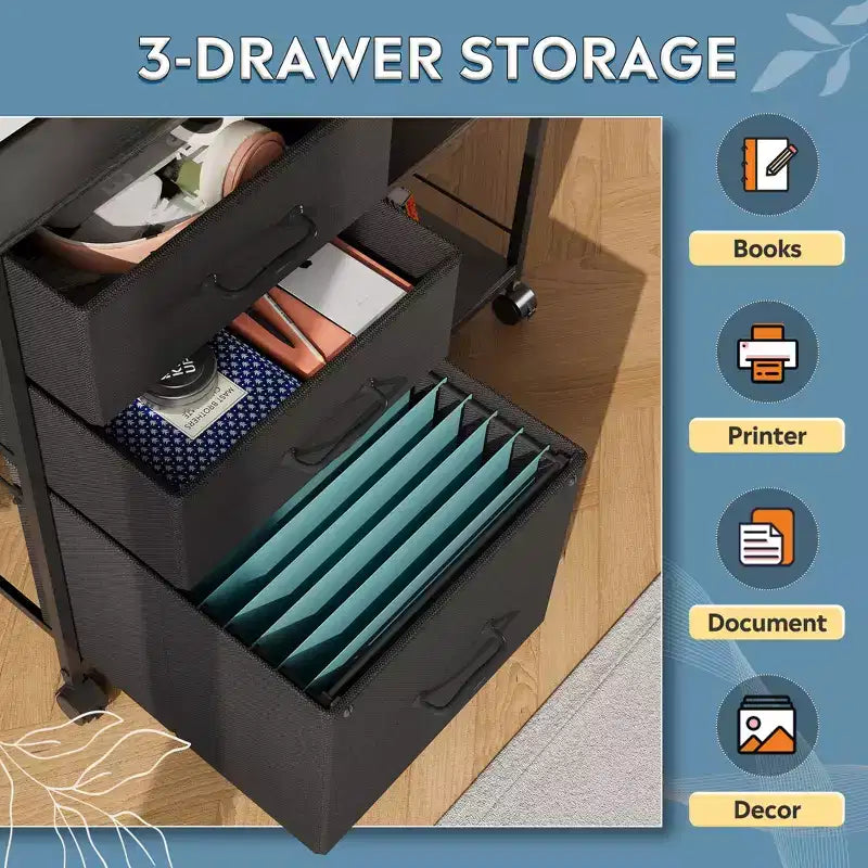 Meuble Classeur Mobile à 3 Tiroirs, Support d'Imprimante Roulant avec Étagère de Rangement Ouverte pour Bureau à Domicile