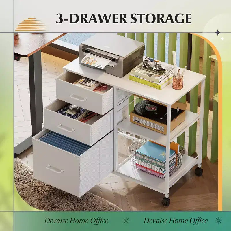 Meuble Classeur Mobile à 3 Tiroirs, Support d'Imprimante Roulant avec Étagère de Rangement Ouverte pour Bureau à Domicile