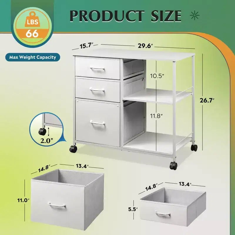 Meuble Classeur Mobile à 3 Tiroirs, Support d'Imprimante Roulant avec Étagère de Rangement Ouverte pour Bureau à Domicile