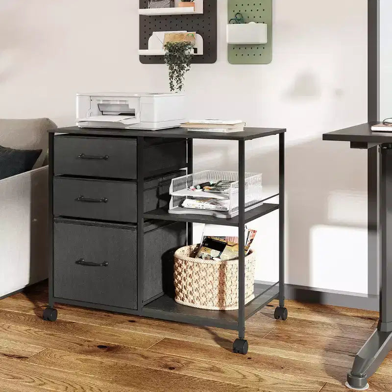 DEXYLLO 3 Drawer Mobile File Cabinet, Rolling Printer Stand with Open Storage Shelf for Home Office