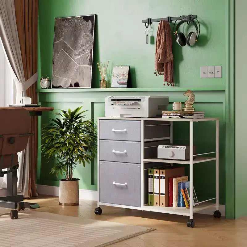 Meuble Classeur Mobile à 3 Tiroirs, Support d'Imprimante Roulant avec Étagère de Rangement Ouverte pour Bureau à Domicile