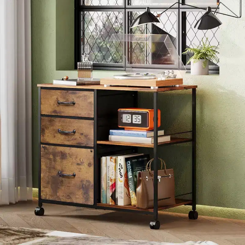 Meuble Classeur Mobile à 3 Tiroirs, Support d'Imprimante Roulant avec Étagère de Rangement Ouverte pour Bureau à Domicile