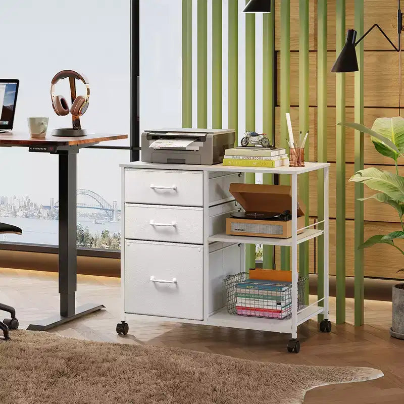 Meuble Classeur Mobile à 3 Tiroirs, Support d'Imprimante Roulant avec Étagère de Rangement Ouverte pour Bureau à Domicile