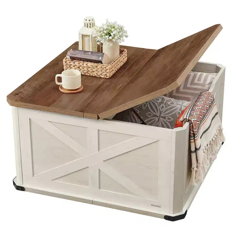 Table basse de ferme avec rangement, table basse carrée pour salon, table basse avec plateaux relevables