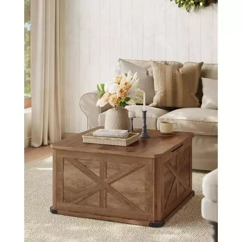 Table basse de ferme avec rangement, table basse carrée pour salon, table basse avec plateaux relevables