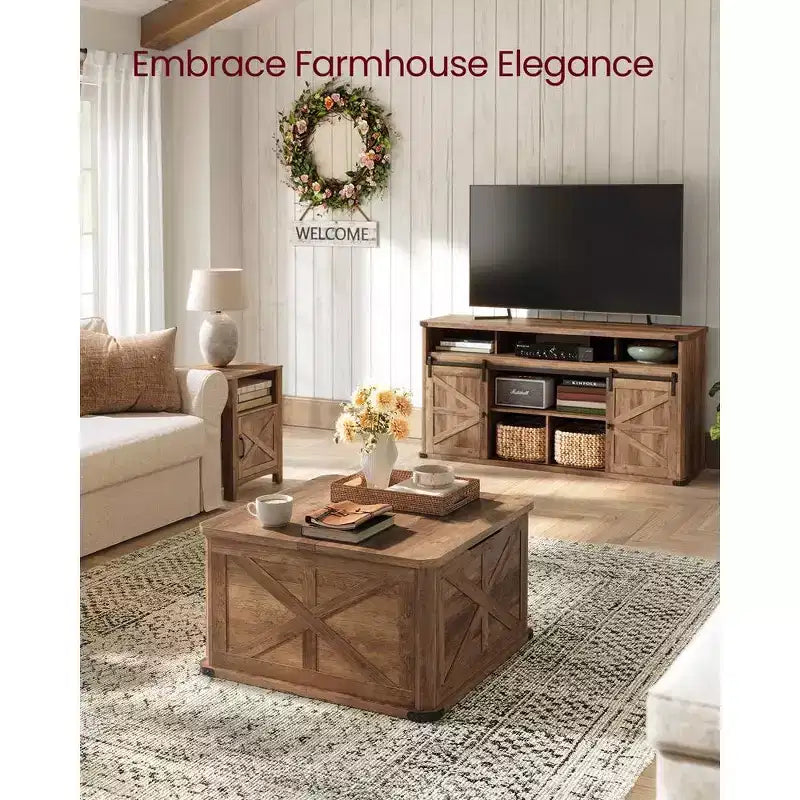 Table basse de ferme avec rangement, table basse carrée pour salon, table basse avec plateaux relevables