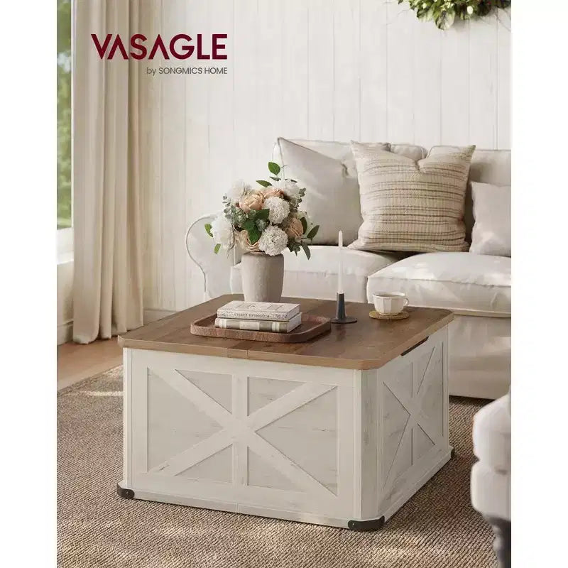 Table basse de ferme avec rangement, table basse carrée pour salon, table basse avec plateaux relevables