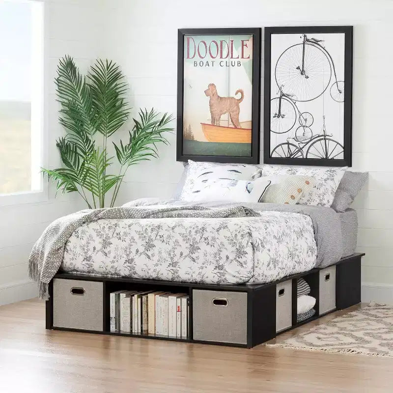 Cadre de lit plateforme King Size noir de 34,3 cm de haut (sans tête de lit) en panneaux de particules