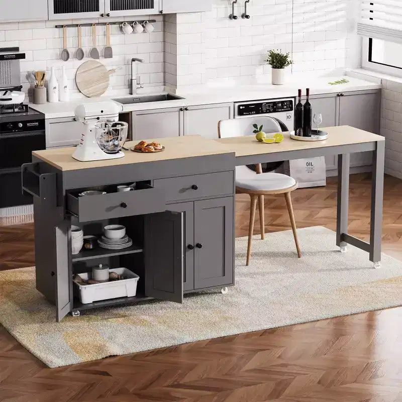 Whisen Modern Extendable Kitchen Island with Spice Rack,2 Drawers and 4 Door Cabinet