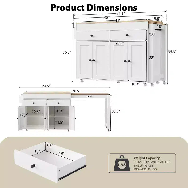 Îlot de cuisine moderne extensible avec porte-épices, 2 tiroirs et meuble à 4 portes