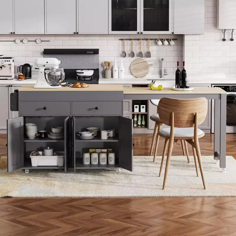 Îlot de cuisine moderne extensible avec porte-épices, 2 tiroirs et meuble à 4 portes