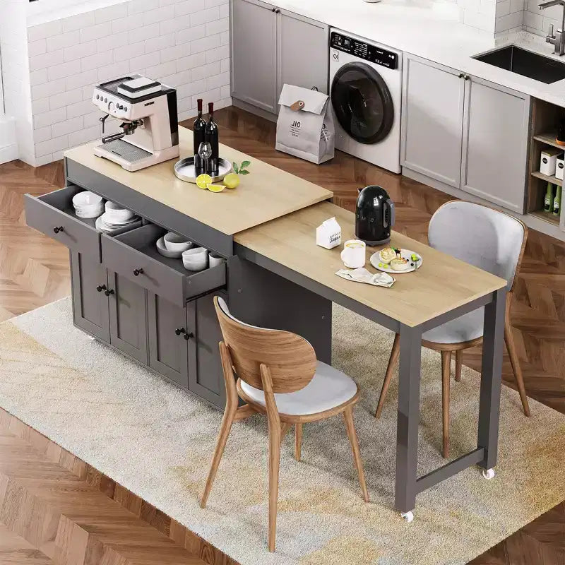 Îlot de cuisine moderne extensible avec porte-épices, 2 tiroirs et meuble à 4 portes