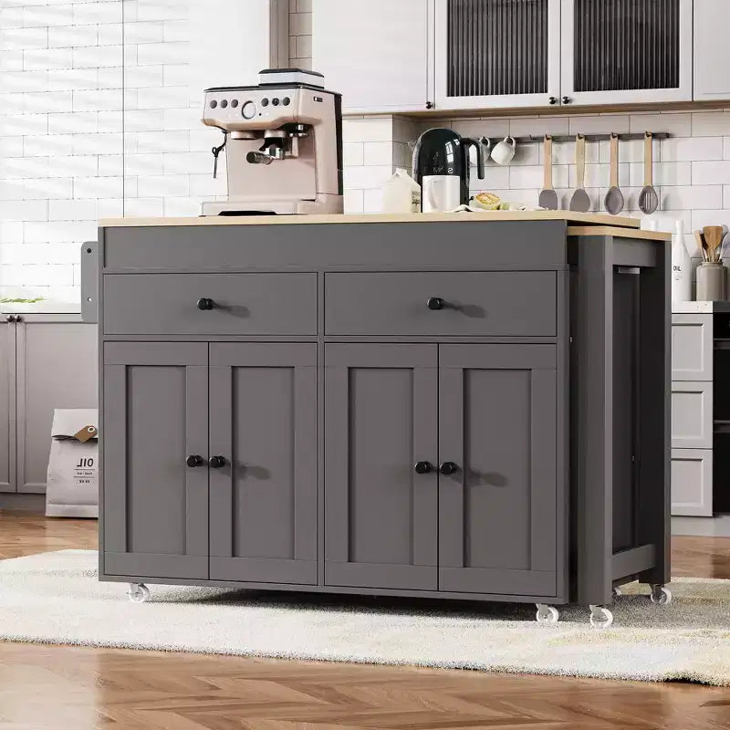 Îlot de cuisine moderne extensible avec porte-épices, 2 tiroirs et meuble à 4 portes