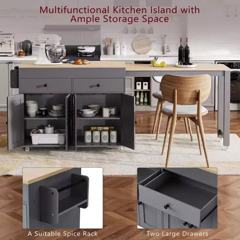 Îlot de cuisine moderne extensible avec porte-épices, 2 tiroirs et meuble à 4 portes