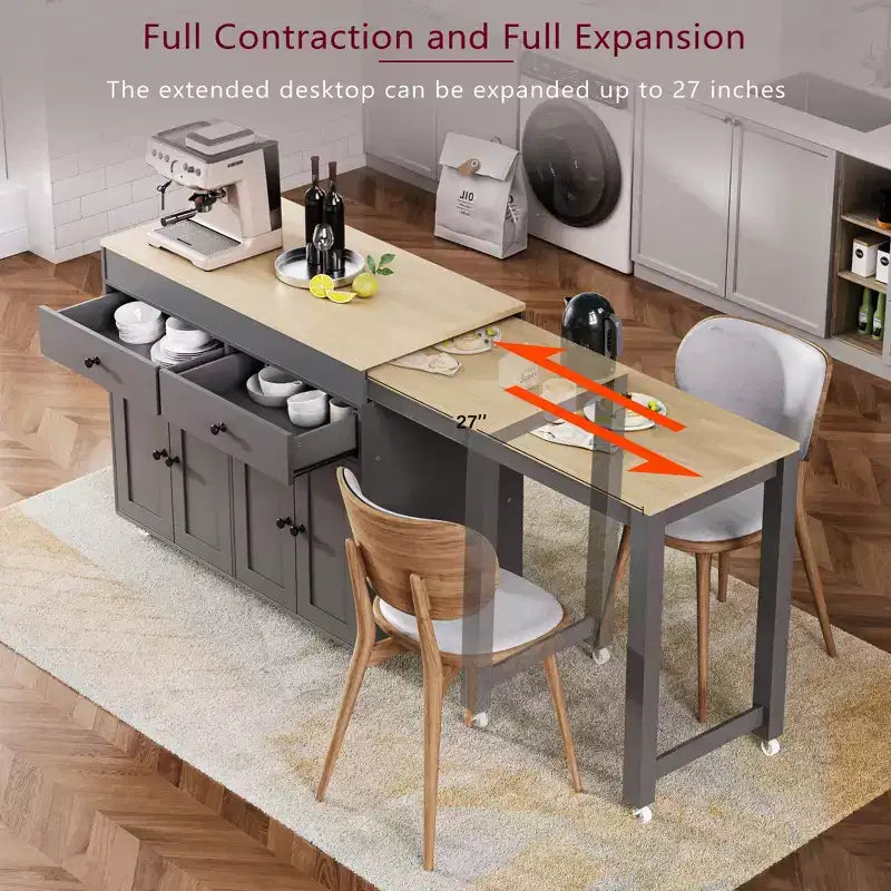 Îlot de cuisine moderne extensible avec porte-épices, 2 tiroirs et meuble à 4 portes