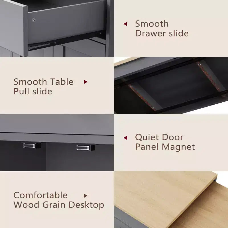 Îlot de cuisine moderne extensible avec porte-épices, 2 tiroirs et meuble à 4 portes