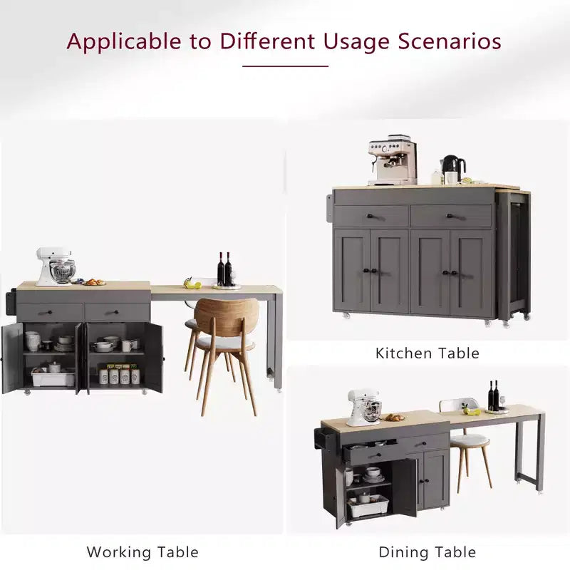 Îlot de cuisine moderne extensible avec porte-épices, 2 tiroirs et meuble à 4 portes