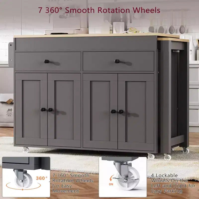 Îlot de cuisine moderne extensible avec porte-épices, 2 tiroirs et meuble à 4 portes