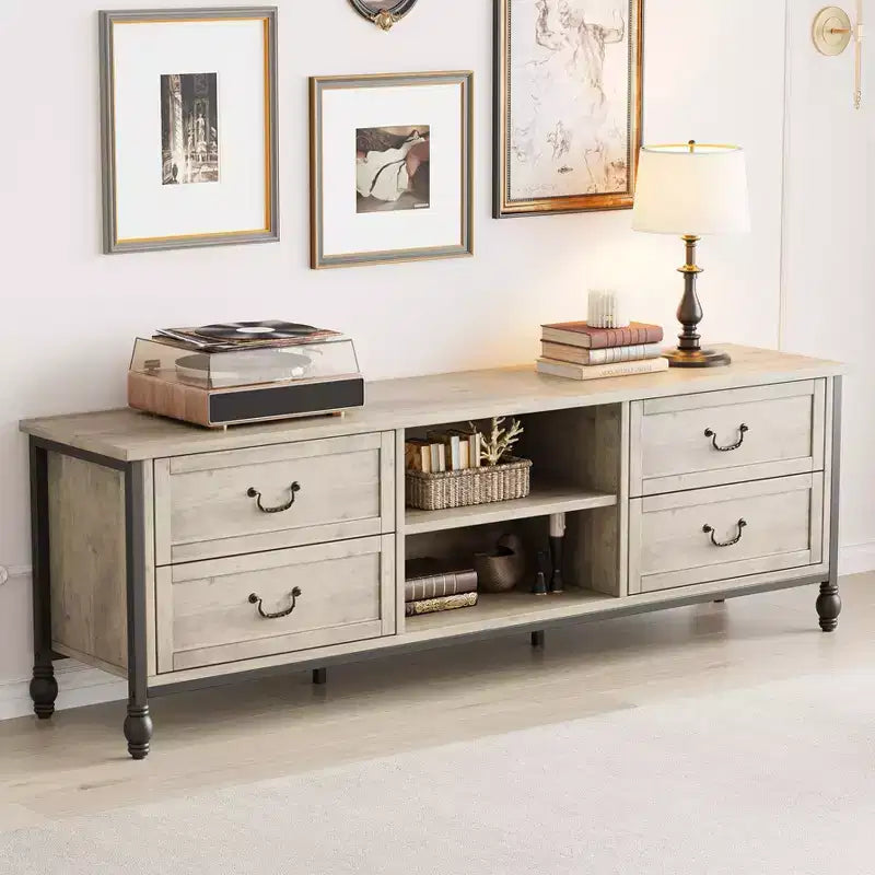 70inch TV Stand, Mid Century Modern TV Stand with Drawer, Entertainment Center with Metal Roman Columns&amp;Handle, TV Cabinet for Living Room-Rustic Grey