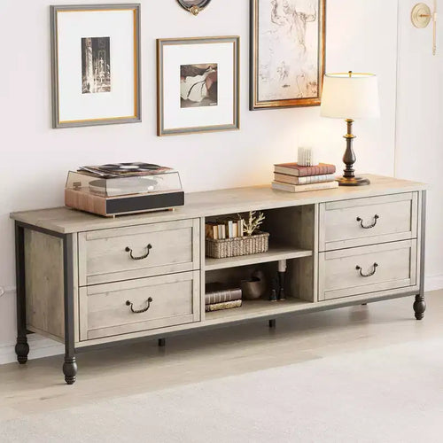 70inch TV Stand, Mid Century Modern TV Stand with Drawer, Entertainment Center with Metal Roman Columns&amp;Handle, TV Cabinet for Living Room-Rustic Grey