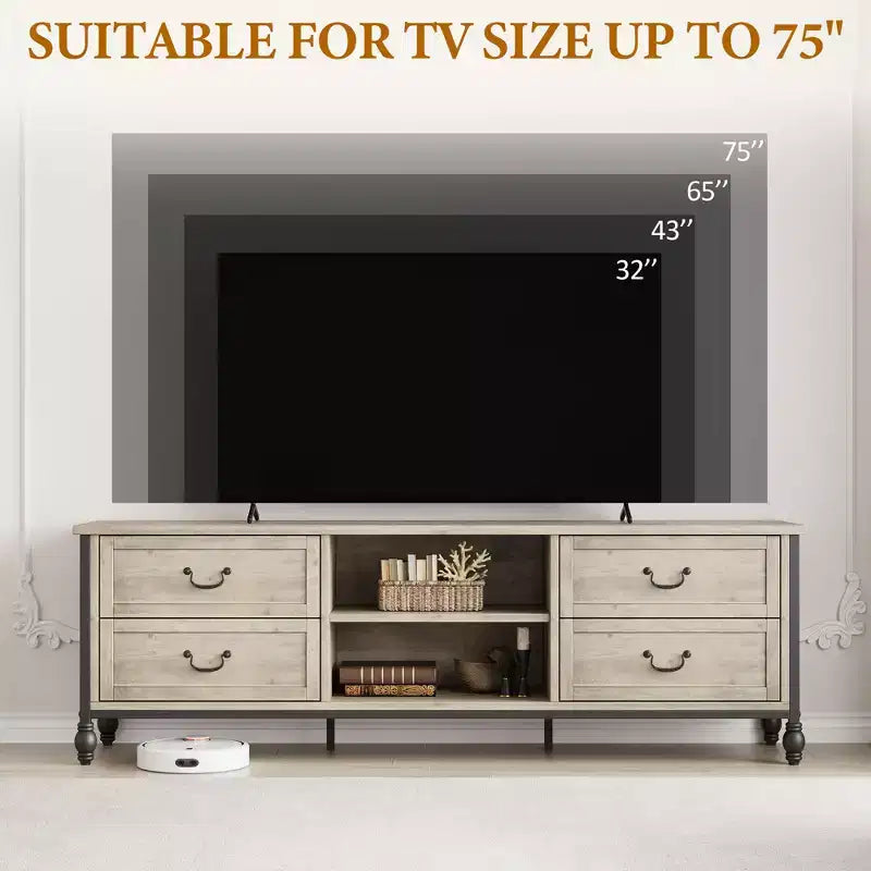 Meuble TV 70 pouces, Meuble TV Mid-Century Modern avec tiroir, Centre de divertissement avec colonnes romaines en métal et poignée, Meuble TV pour salon - Gris rustique