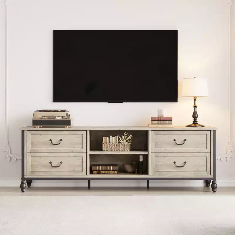 Meuble TV 70 pouces, Meuble TV Mid-Century Modern avec tiroir, Centre de divertissement avec colonnes romaines en métal et poignée, Meuble TV pour salon - Gris rustique