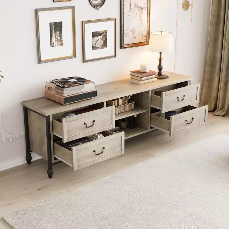 Meuble TV 70 pouces, Meuble TV Mid-Century Modern avec tiroir, Centre de divertissement avec colonnes romaines en métal et poignée, Meuble TV pour salon - Gris rustique