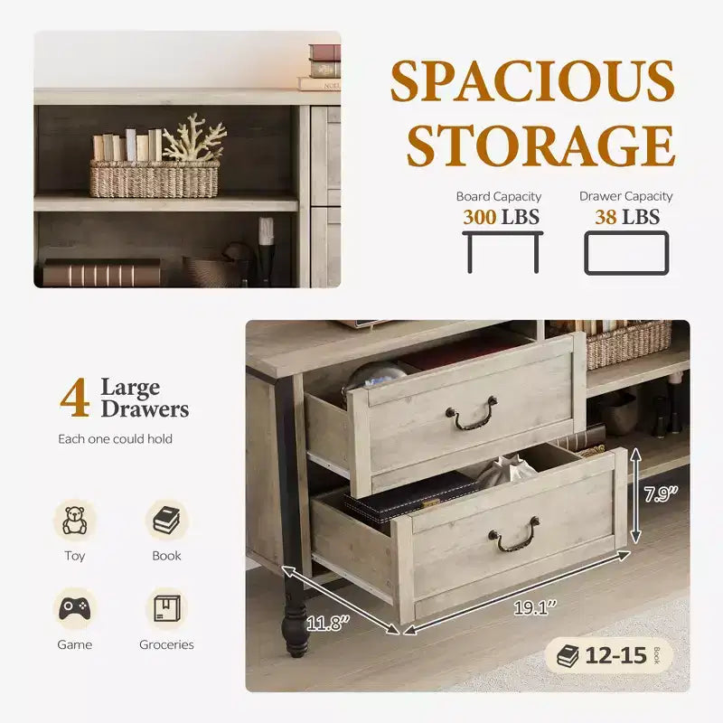 Meuble TV 70 pouces, Meuble TV Mid-Century Modern avec tiroir, Centre de divertissement avec colonnes romaines en métal et poignée, Meuble TV pour salon - Gris rustique