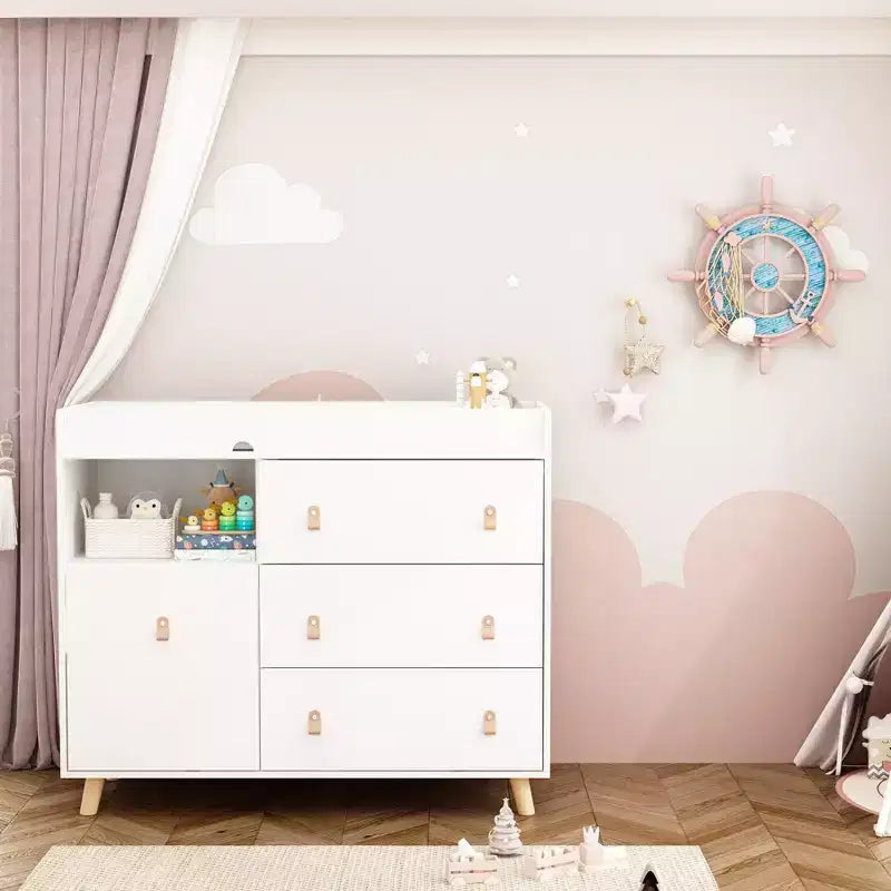Famapy Baby Changing Table With leather Pulls Large Worktop Three Drawers Rich Storage Space Storage Cabinet