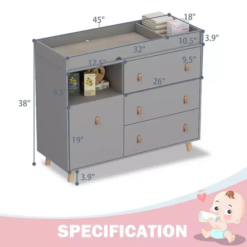 Table à langer Famapy avec poignées en cuir, grand plan de travail, trois tiroirs, grand espace de rangement, armoire de rangement