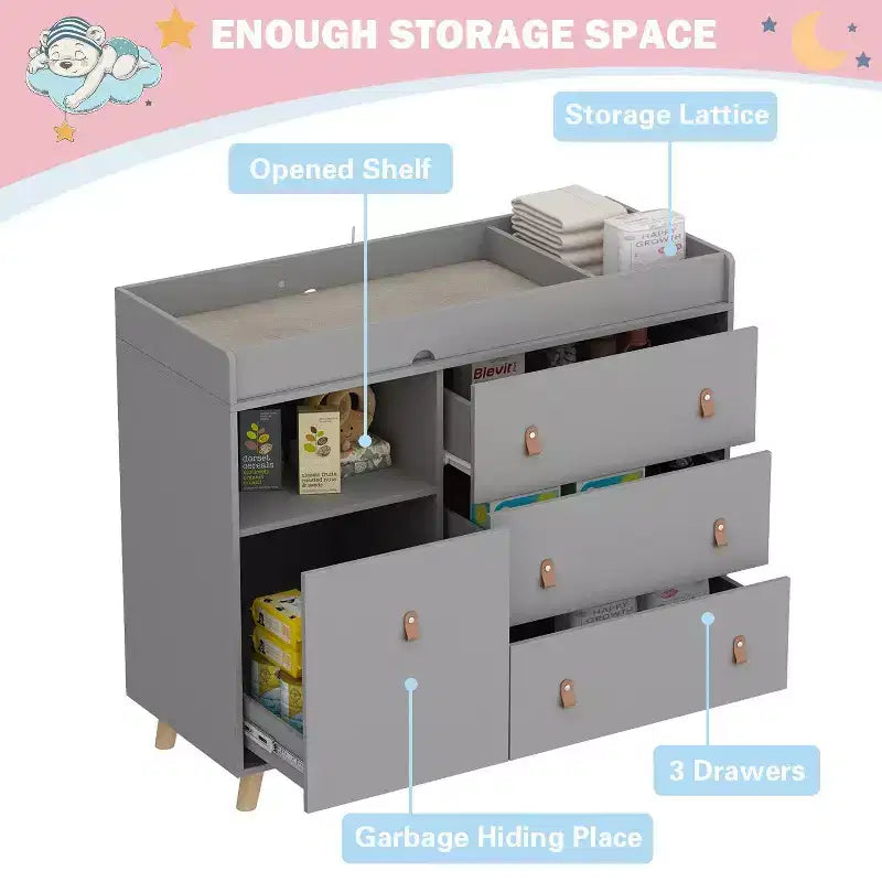Table à langer Famapy avec poignées en cuir, grand plan de travail, trois tiroirs, grand espace de rangement, armoire de rangement